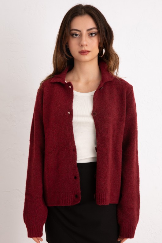 Düğmeli Yakalı Triko Hırka 00104 - BORDO