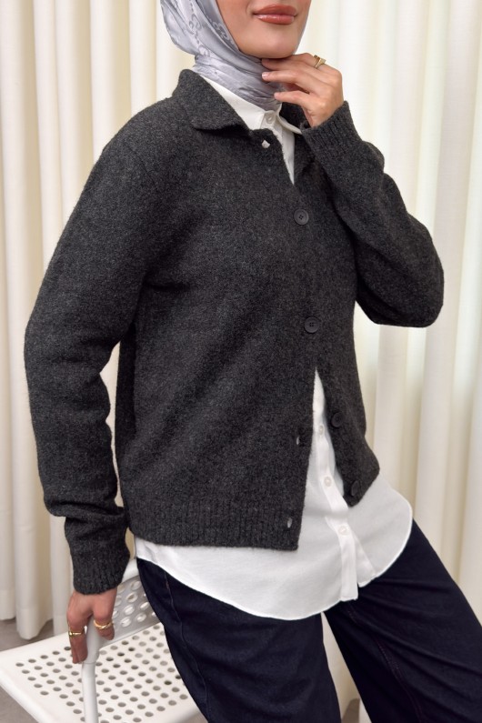 Düğmeli Yakalı Triko Hırka 00104 - ANTRASİT