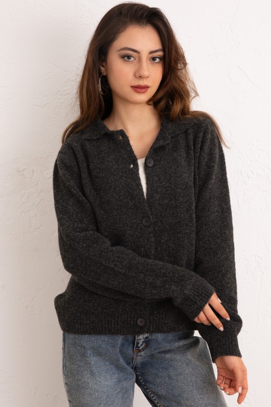 Düğmeli Yakalı Triko Hırka 00104 - ANTRASİT
