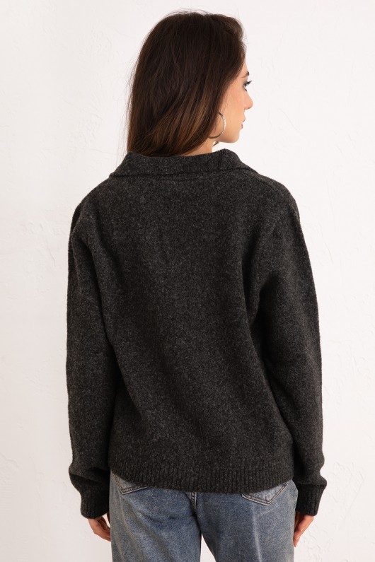 Düğmeli Yakalı Triko Hırka 00104 - ANTRASİT