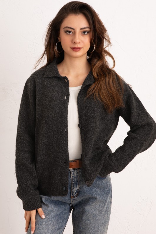 Düğmeli Yakalı Triko Hırka 00104 - ANTRASİT