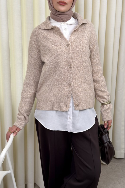 Düğmeli Yakalı Triko Hırka 00104 - BEJ