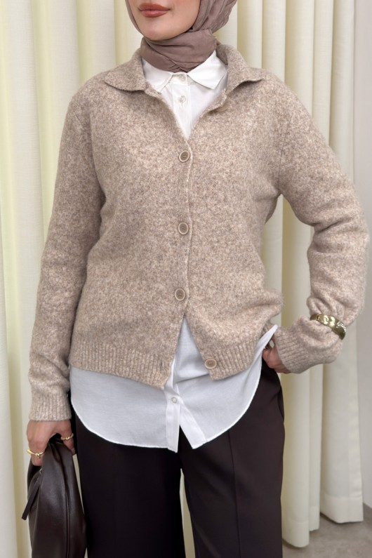 Düğmeli Yakalı Triko Hırka 00104 - BEJ