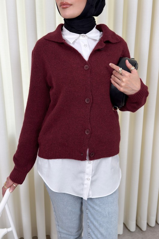 Düğmeli Yakalı Triko Hırka 00104 - BORDO Düğmeli Yakalı Triko Hırka 00104 - BORDO