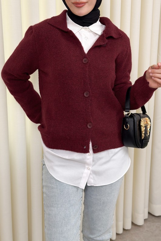 Düğmeli Yakalı Triko Hırka 00104 - BORDO Düğmeli Yakalı Triko Hırka 00104 - BORDO
