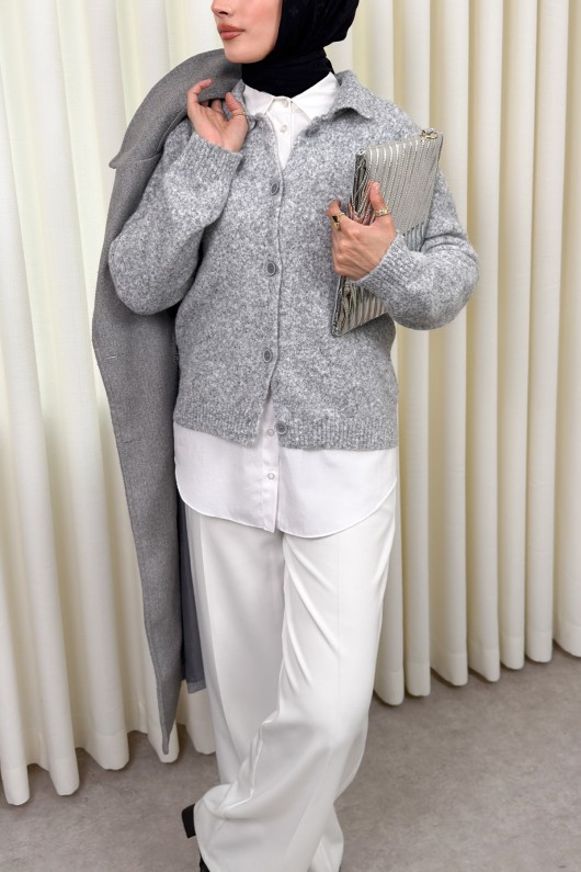 Düğmeli Yakalı Triko Hırka 00104 - GRİ