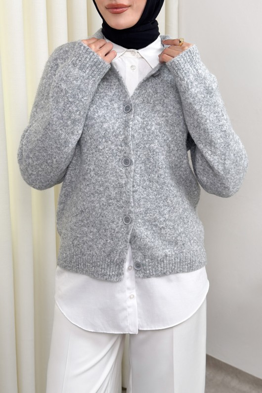 Düğmeli Yakalı Triko Hırka 00104 - GRİ