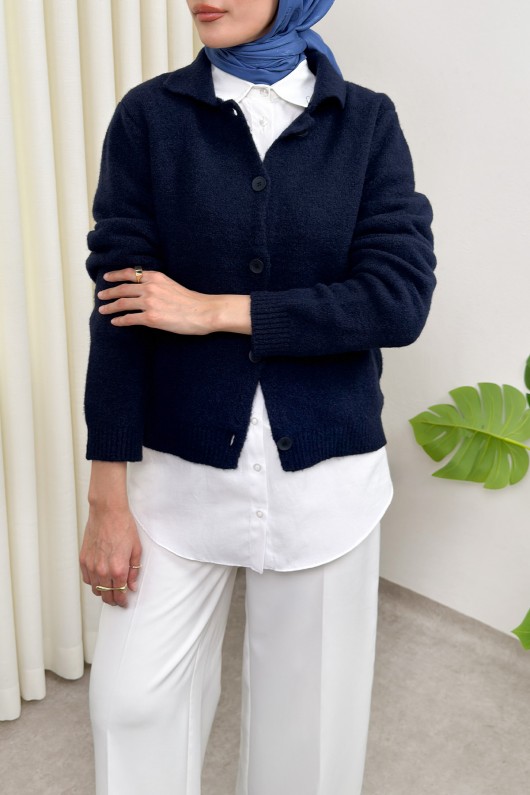 Düğmeli Yakalı Triko Hırka 00104 - LACİVERT