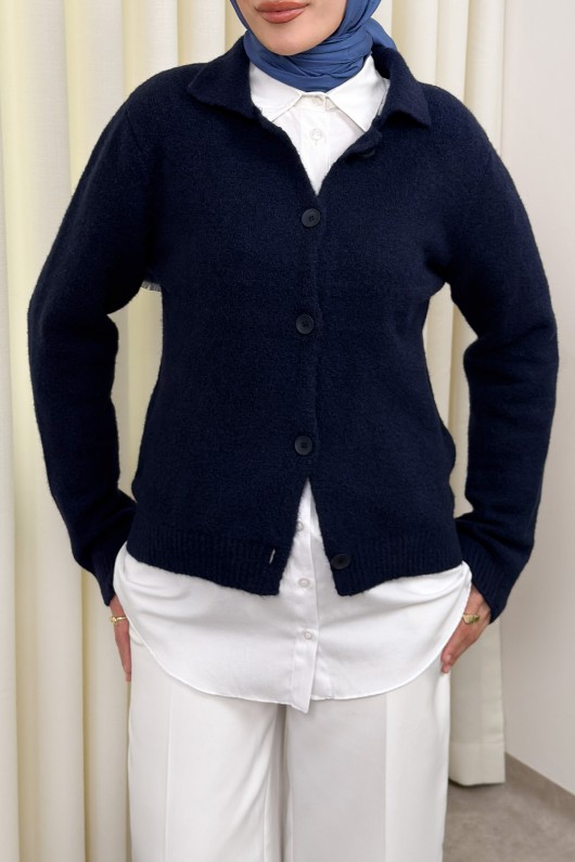 Düğmeli Yakalı Triko Hırka 00104 - LACİVERT