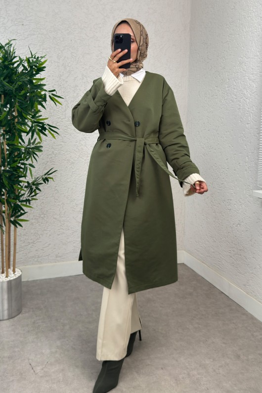 V Yaka Trençkot 0011 - HAKİ