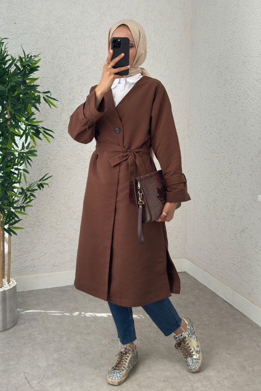 V Yaka Trençkot 0011 - KAHVERENGİ V Yaka Trençkot 0011 - KAHVERENGİ