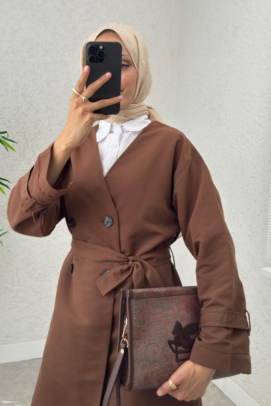 V Yaka Trençkot 0011 - KAHVERENGİ V Yaka Trençkot 0011 - KAHVERENGİ