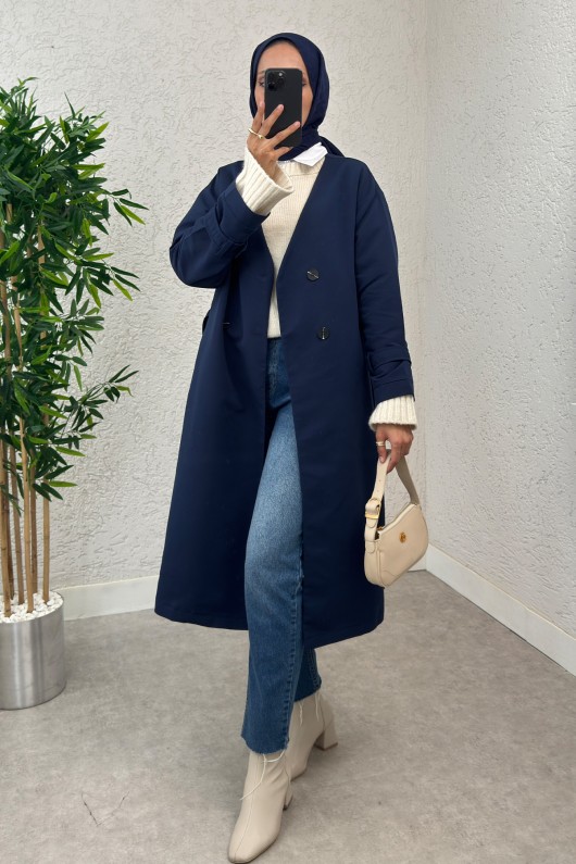 V Yaka Trençkot 0011 - LACİVERT