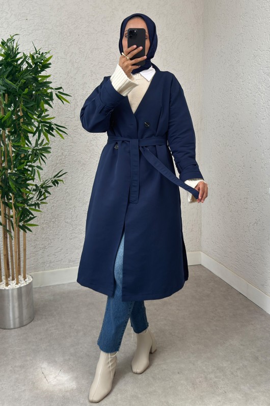 V Yaka Trençkot 0011 - LACİVERT
