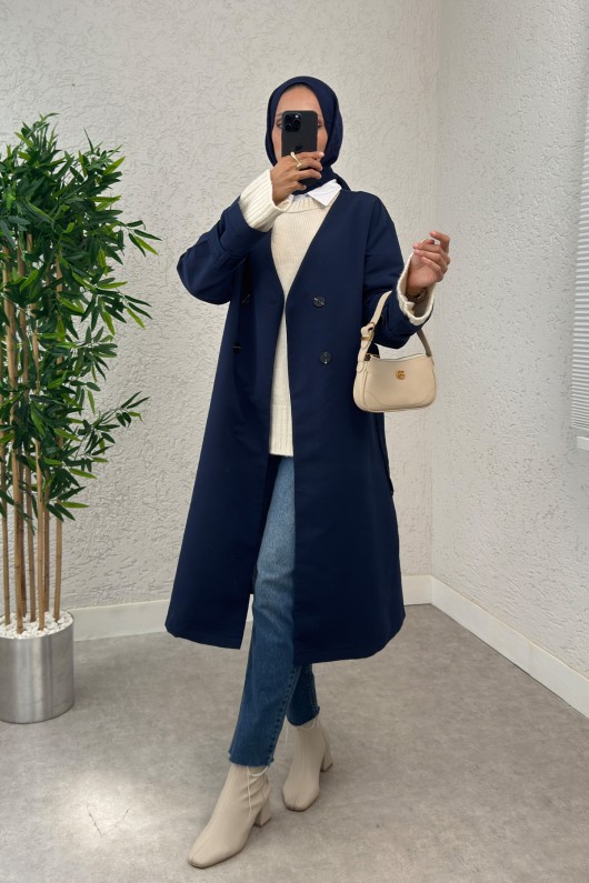 V Yaka Trençkot 0011 - LACİVERT