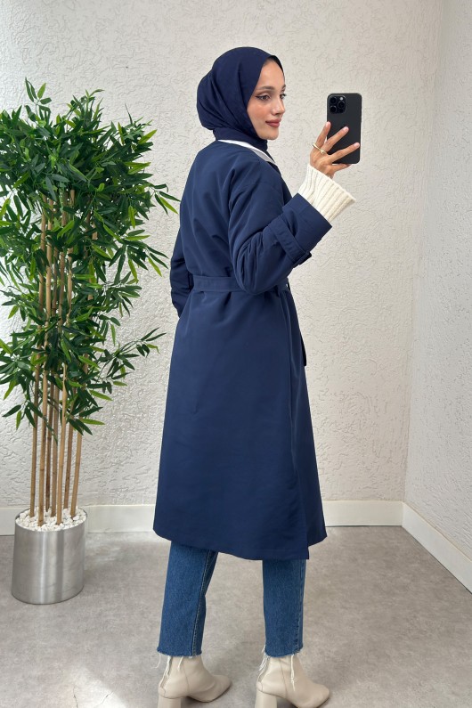 V Yaka Trençkot 0011 - LACİVERT