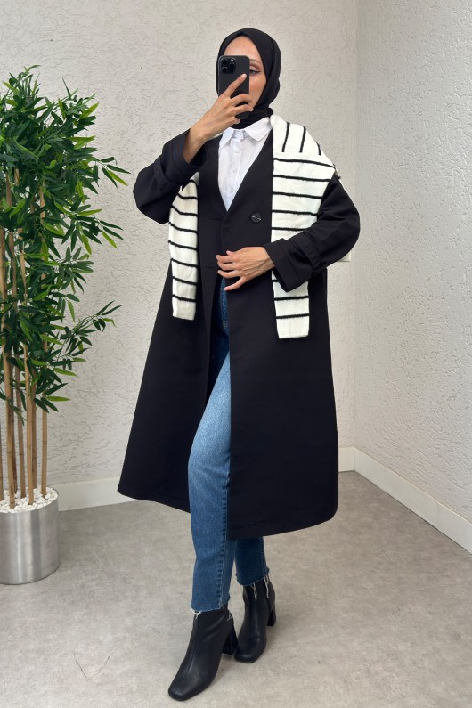 V Yaka Trençkot 0011 - SİYAH V Yaka Trençkot 0011 - SİYAH