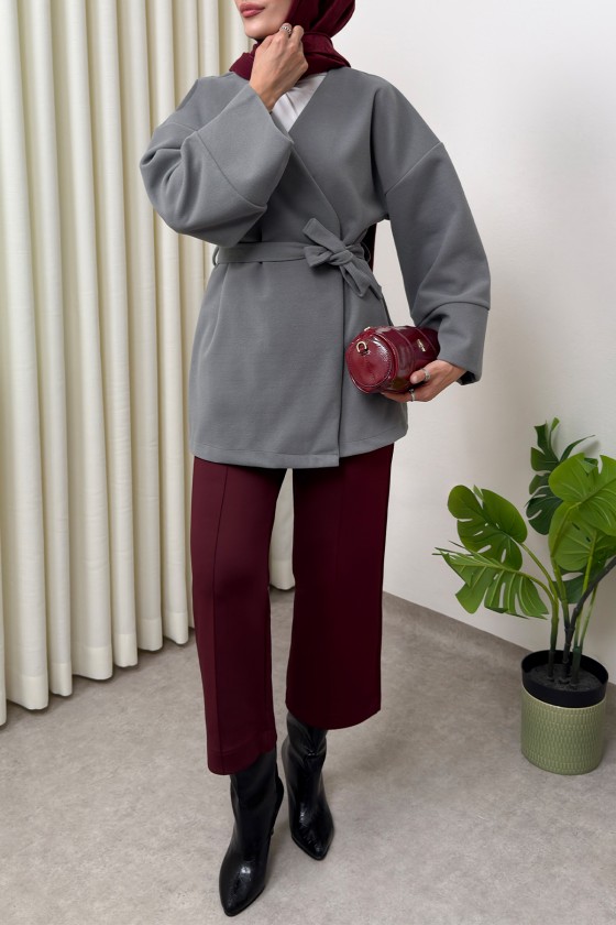 V Yaka Kaşe Kaban 0013 - GRİ