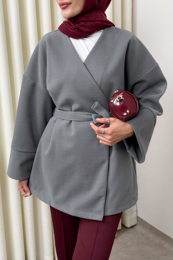 V Yaka Kaşe Kaban 0013 - GRİ