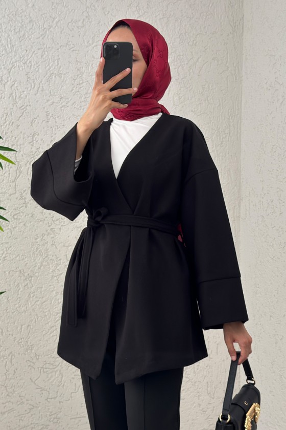 V Yaka Kaşe Kaban 0013 - SİYAH