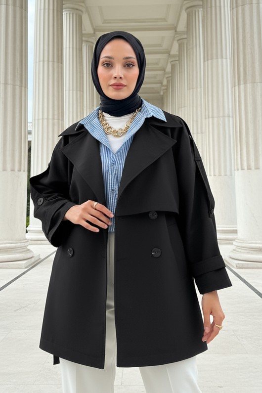 Kol Apoletli Trençkot 0014 - SİYAH