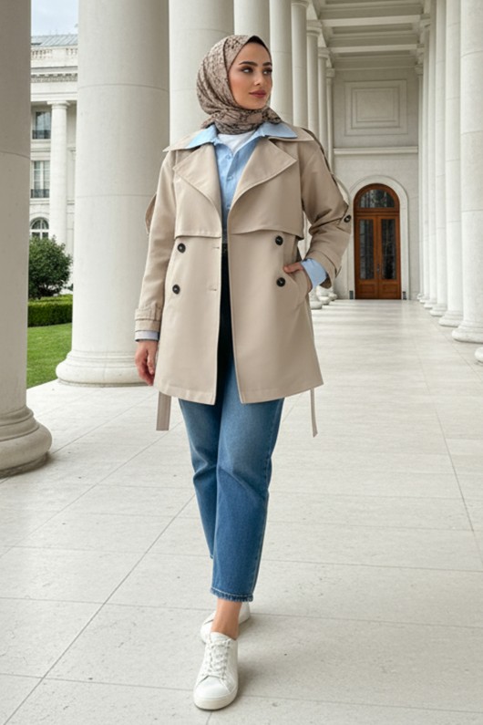 Kol Apoletli Trençkot 0014 - TAŞ RENGİ