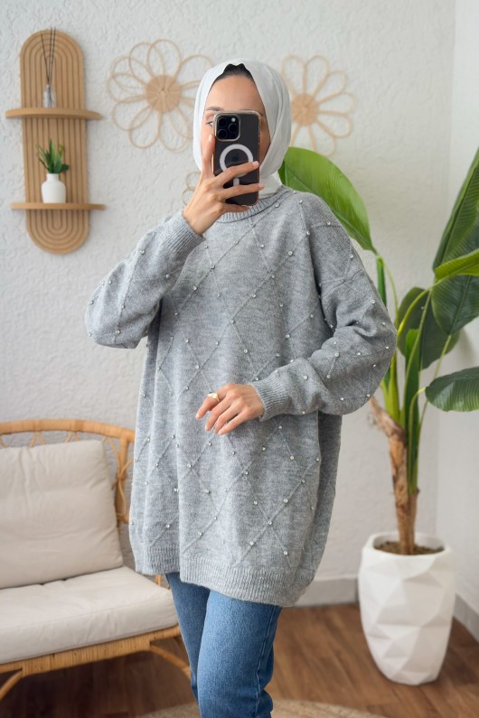 Taşlı Triko Kazak 0015 - GRİ