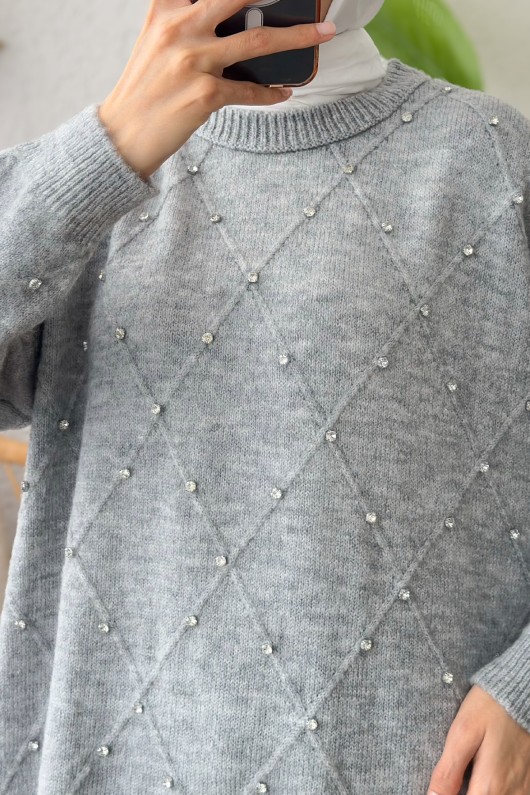 Taşlı Triko Kazak 0015 - GRİ