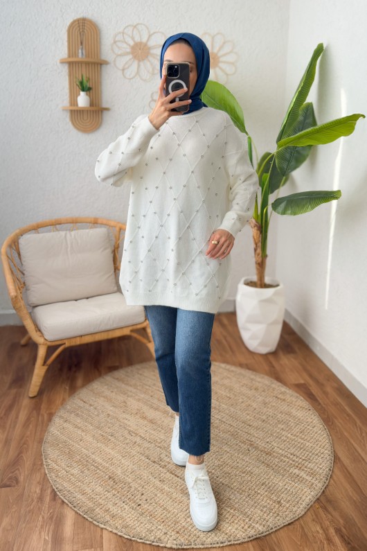 Taşlı Triko Kazak 0015 - KREM