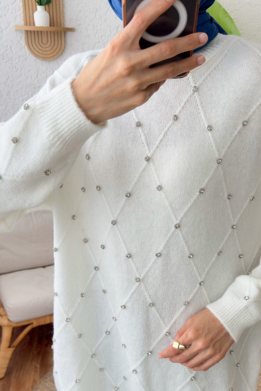 Taşlı Triko Kazak 0015 - KREM