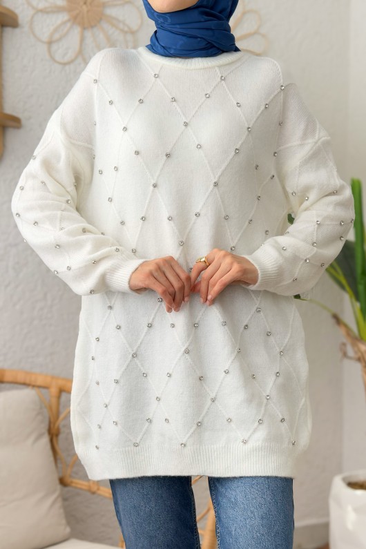 Taşlı Triko Kazak 0015 - KREM