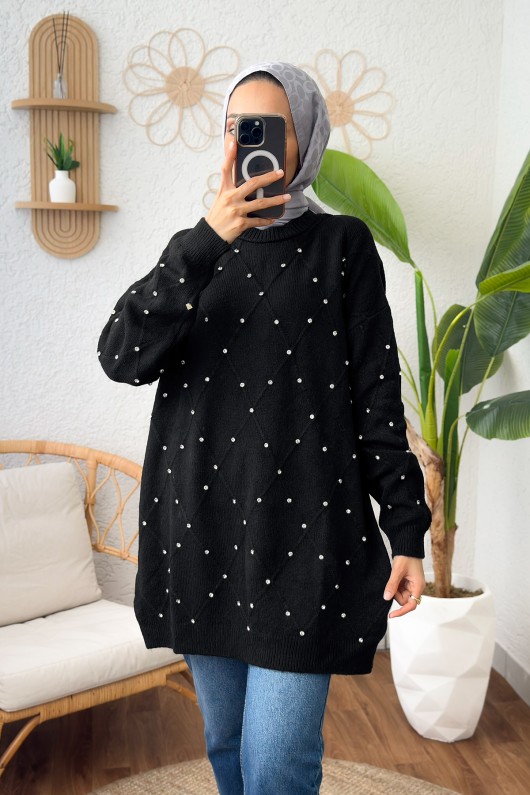 Taşlı Triko Kazak 0015 - SİYAH Taşlı Triko Kazak 0015 - SİYAH