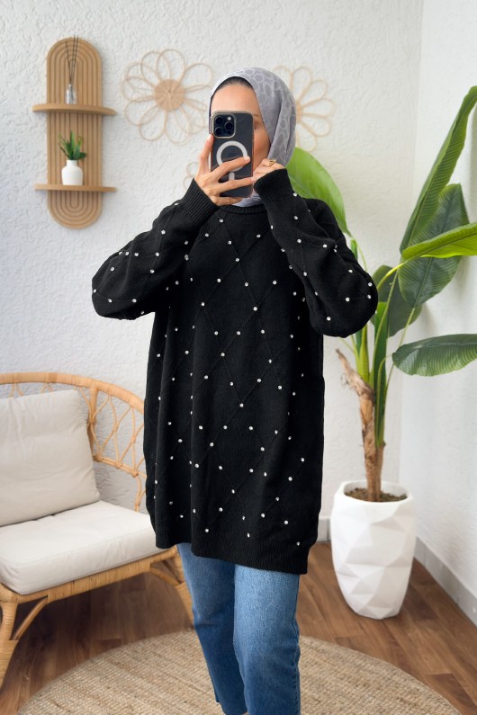 Taşlı Triko Kazak 0015 - SİYAH Taşlı Triko Kazak 0015 - SİYAH