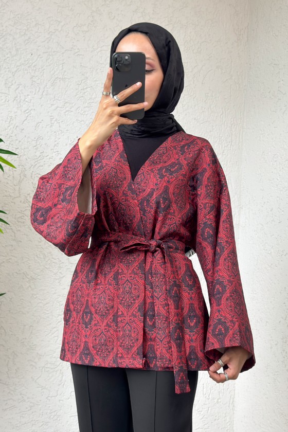 Kilim Desen Kuşaklı Kimono 0016 - BORDO