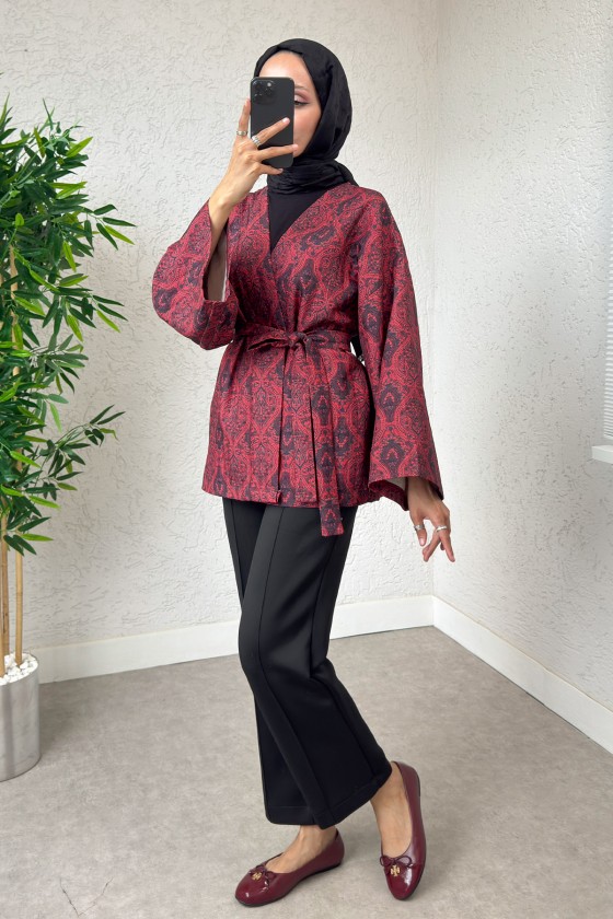 Kilim Desen Kuşaklı Kimono 0016 - BORDO