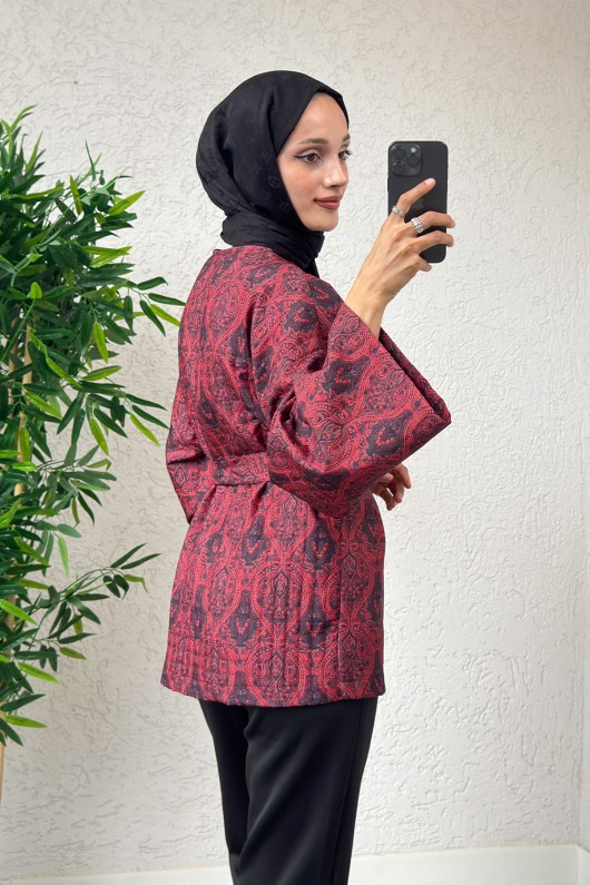 Kilim Desen Kuşaklı Kimono 0016 - BORDO