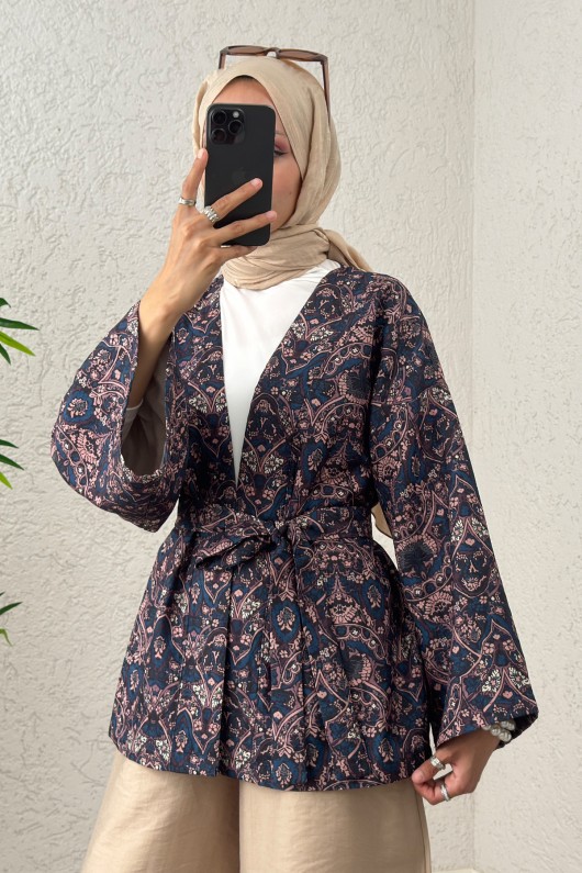 Kilim Desen Kuşaklı Kimono 0016 - LACİVERT