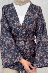 Kilim Desen Kuşaklı Kimono 0016 - LACİVERT