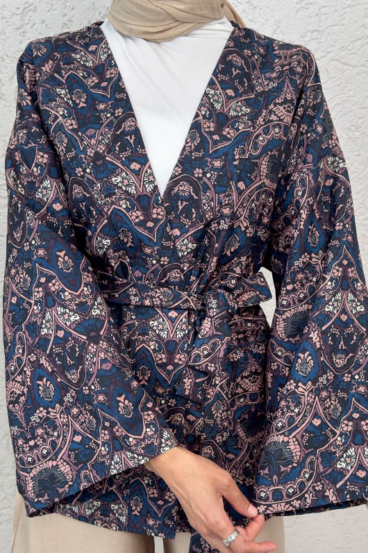 Kilim Desen Kuşaklı Kimono 0016 - LACİVERT