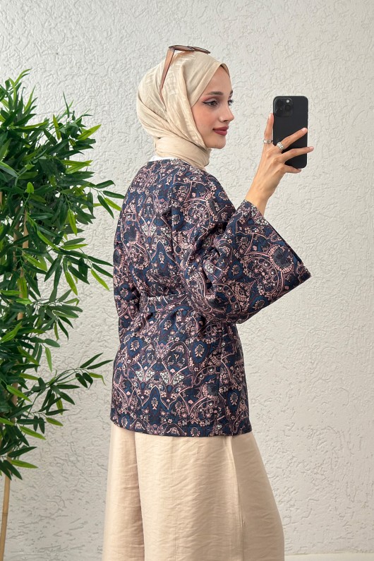 Kilim Desen Kuşaklı Kimono 0016 - LACİVERT