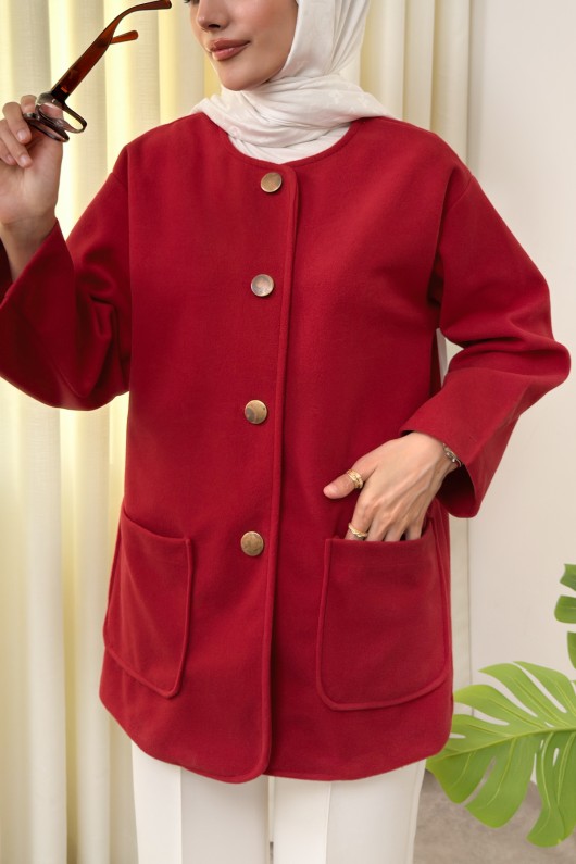 Kaşe Cepli Bisiklet Yaka Ceket 0017 - KIRMIZI