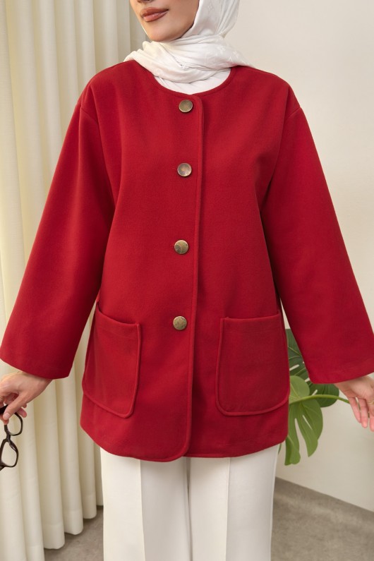 Kaşe Cepli Bisiklet Yaka Ceket 0017 - KIRMIZI