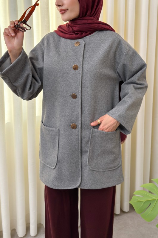 Kaşe Cepli Bisiklet Yaka Ceket 0017 - GRİ Kaşe Cepli Bisiklet Yaka Ceket 0017 - GRİ