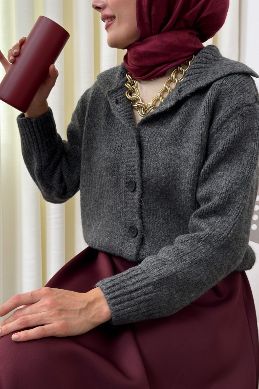 Yaka Detaylı Triko Hırka 0179 - ANTRASİT