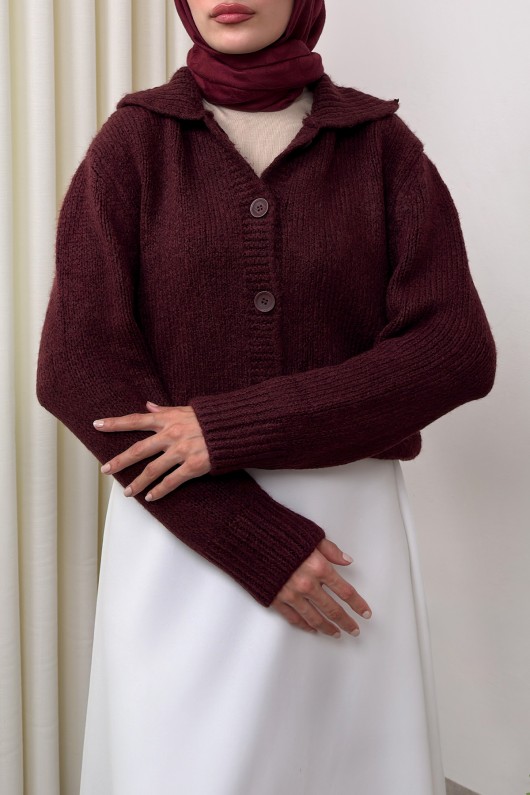 Yaka Detaylı Triko Hırka 0179 - BORDO