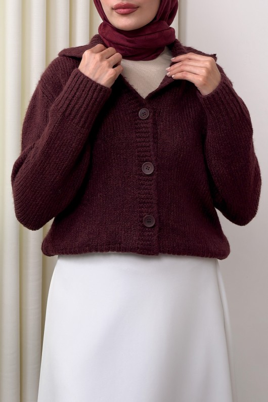 Yaka Detaylı Triko Hırka 0179 - BORDO