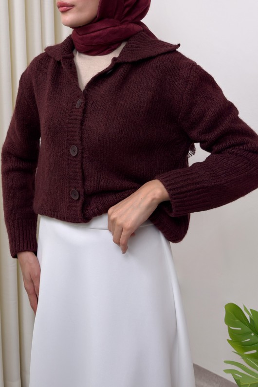 Yaka Detaylı Triko Hırka 0179 - BORDO