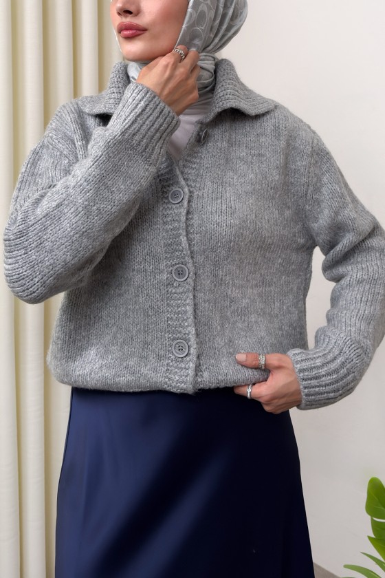 Yaka Detaylı Triko Hırka 0179 - GRİ