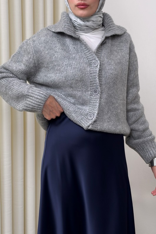 Yaka Detaylı Triko Hırka 0179 - GRİ