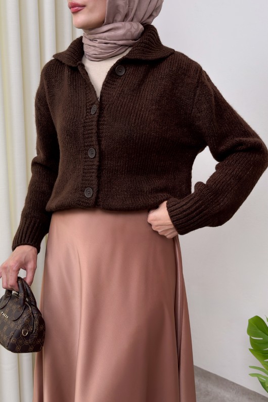 Yaka Detaylı Triko Hırka 0179 - KAHVERENGİ